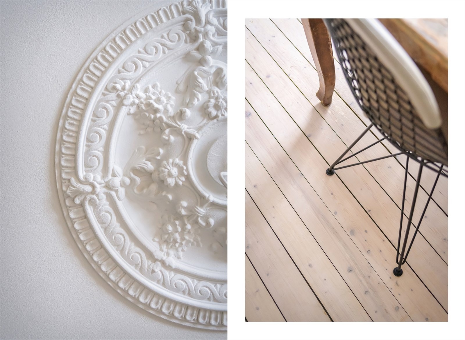 Lekre detaljer som stukkatur, rosett og originale tregulv som ble slipt i 2018. Galleribilde