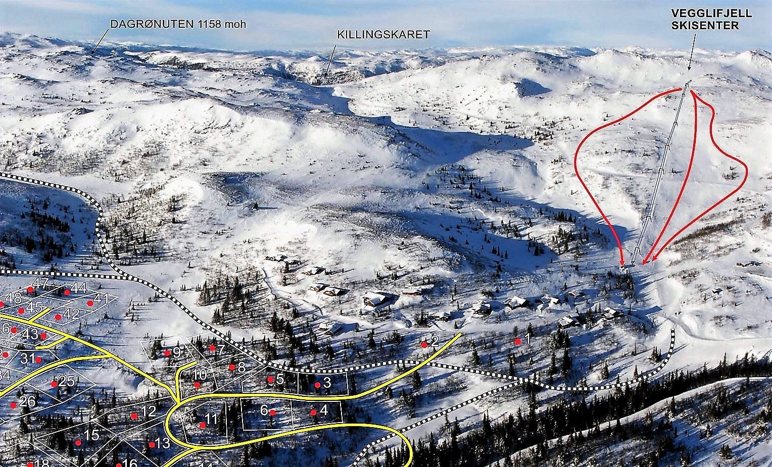 Kart over skisenteret.
Hytta ligger på tomt nr 45. Galleribilde