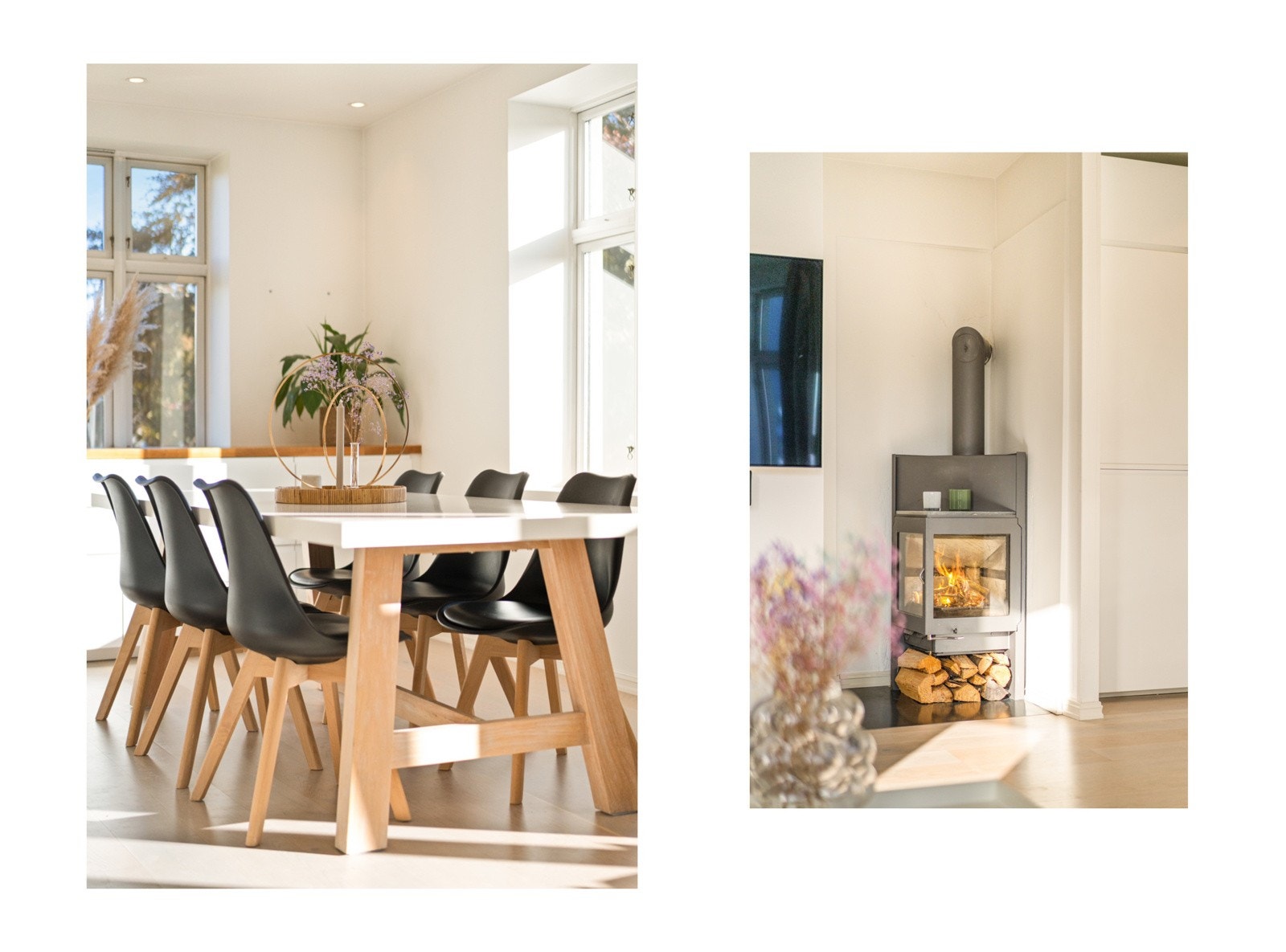 Mellom stue og kjøkken er en rentbrennende peisovn som varmer godt. Galleribilde