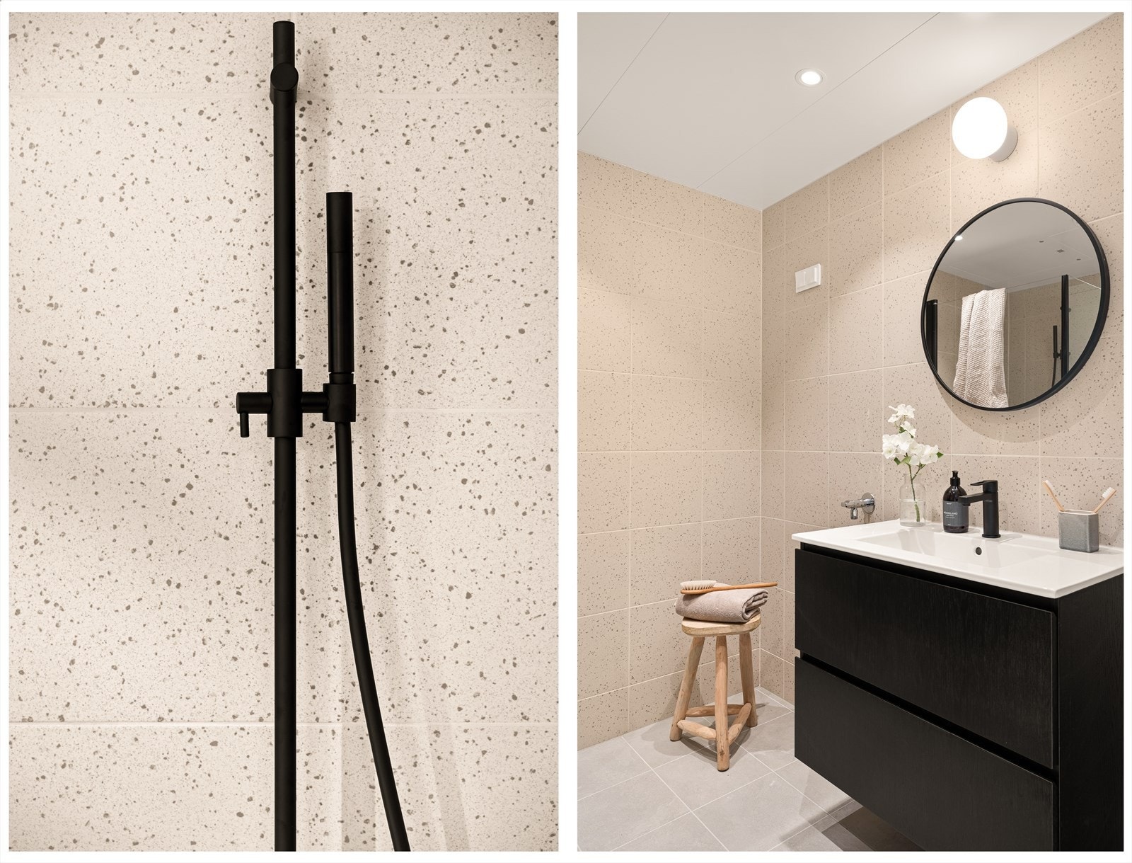 Stilig med sorte detaljer på servant og i dusj. Galleribilde