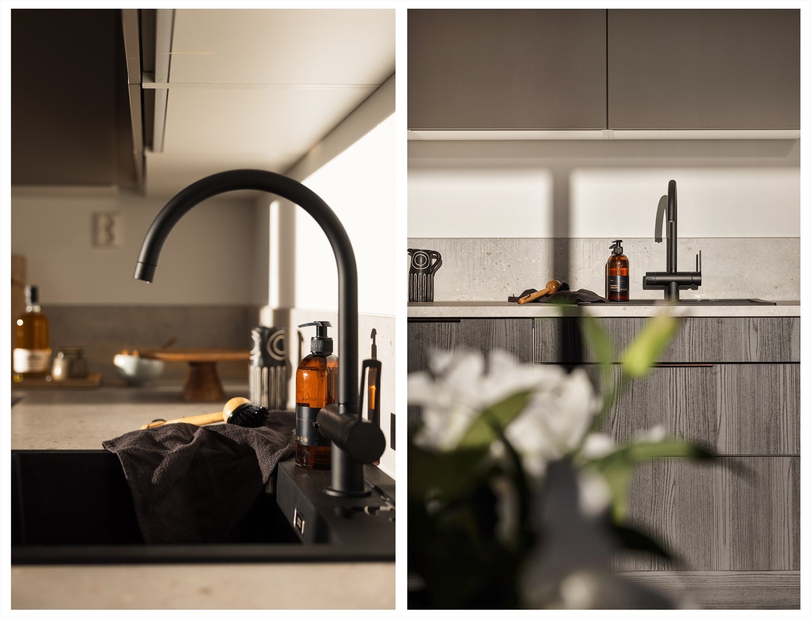 Sorte detaljer går igjen på kjøkkenarmatur, bad og benkeskap. Galleribilde