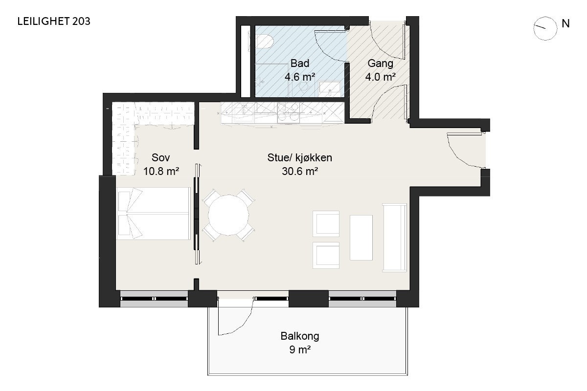 Plantegning av leilighet 203 i 2. etasje. Galleribilde