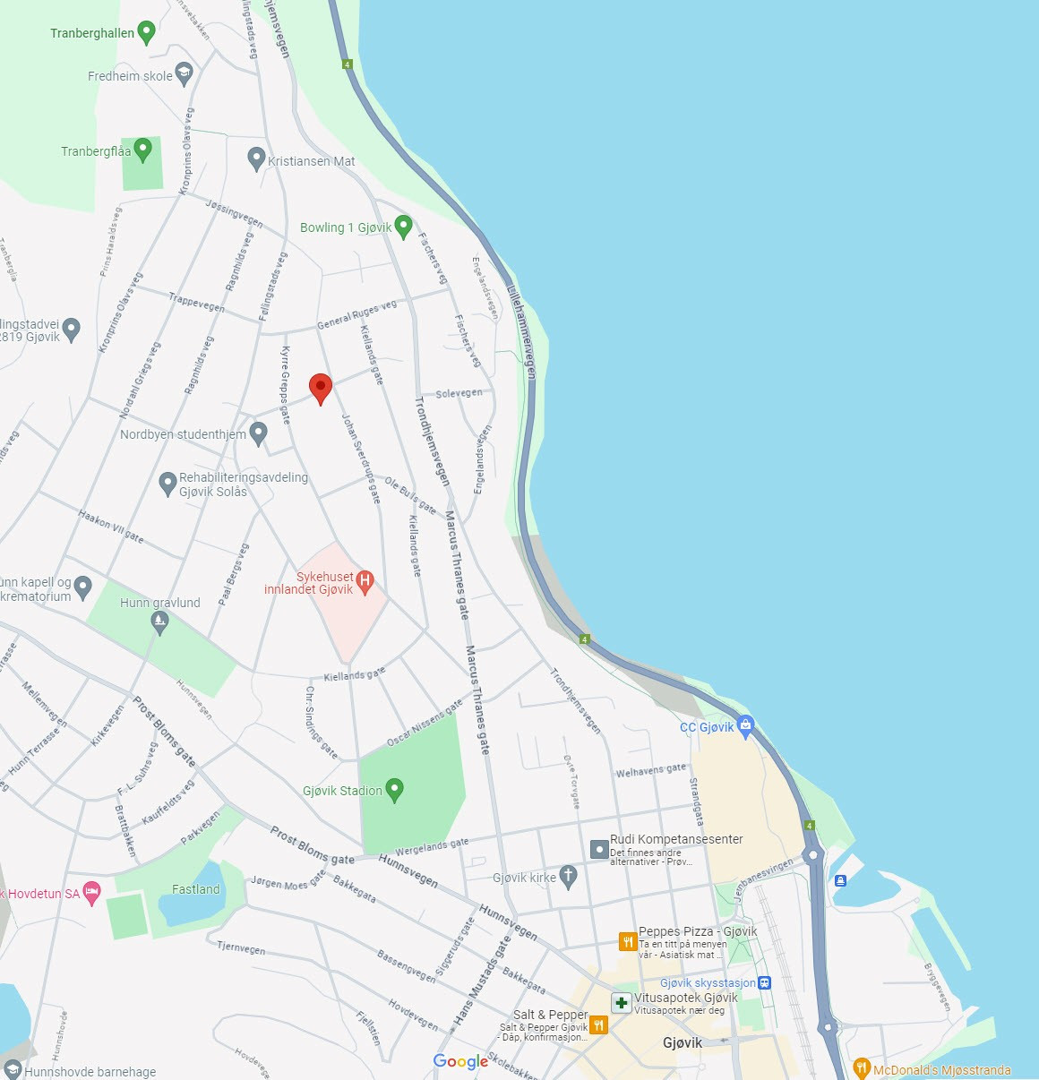 Kart fra google maps viser nærheten til alt i Gjøvik