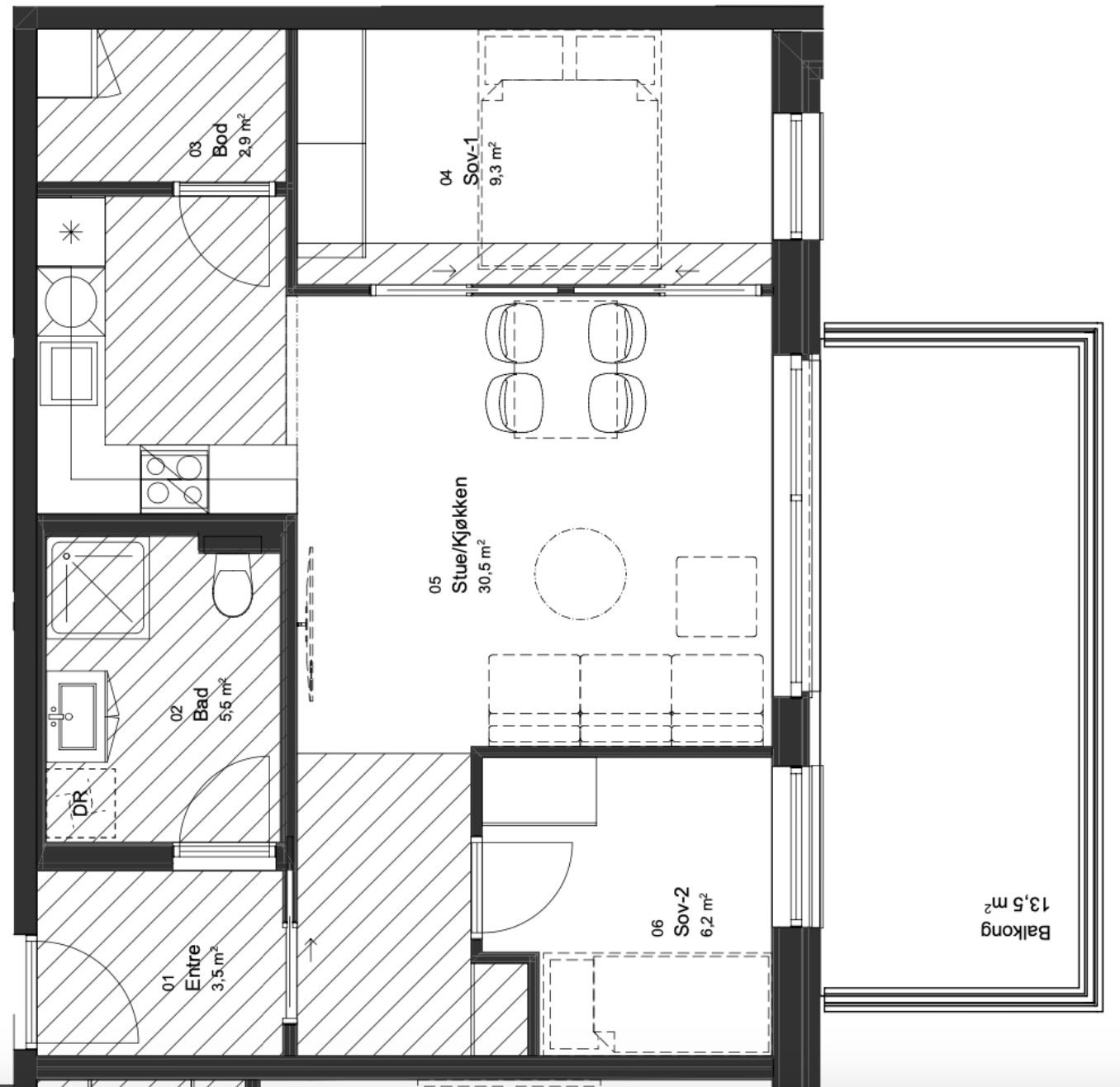 Plantegning med møblering møbleringsforslag. NB Vegg og dør fra entre og stue er fjernet av utbygger før overlevering etter ønske fra oss da vi ønsker det mest mulig åpent og luftig. Takhøyde 2,6 m - i skraverte område er takhøyden 2.5 m. Galleribilde