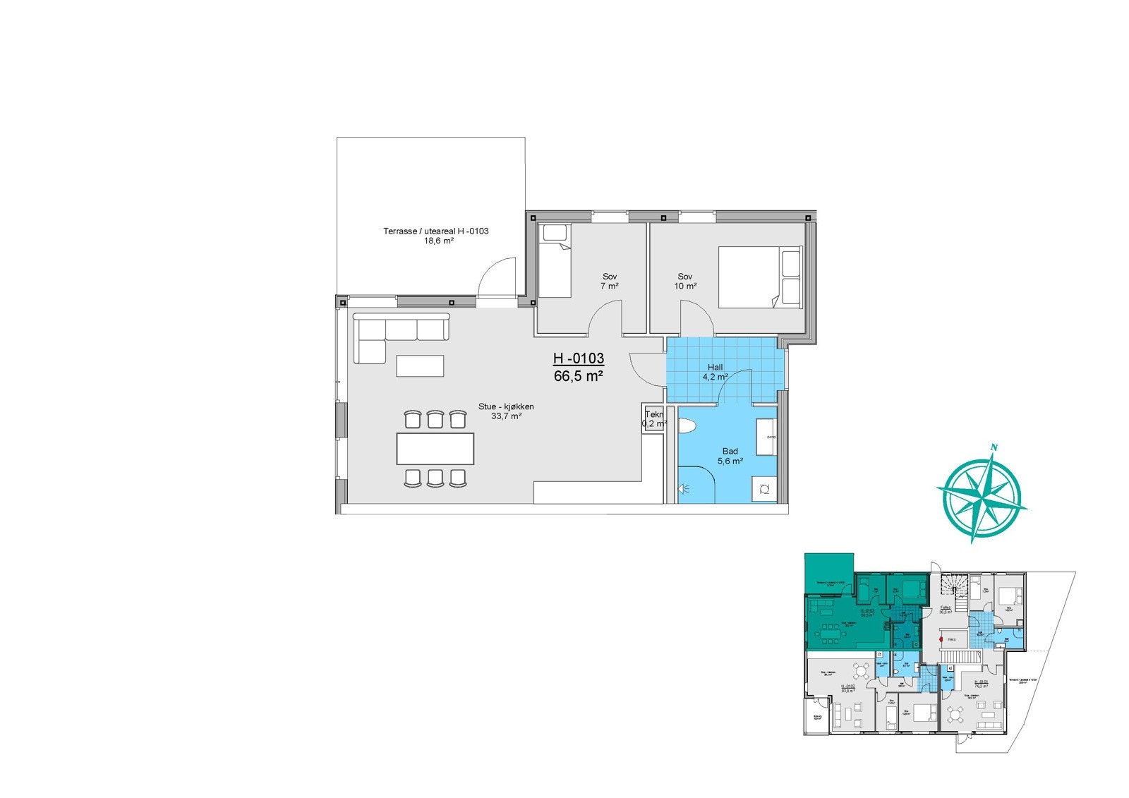 Original tegning med to soverom. Galleribilde