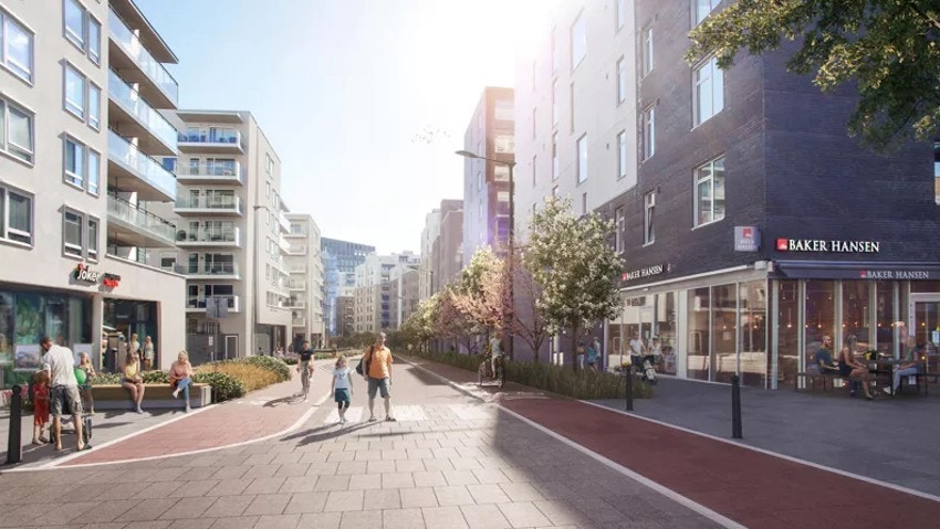 Illustrasjon. Lørenveien er en del av Den grønne ringen og vil bli oppgradert med vegetasjon mellom de brede fortauene og opphøyde sykkelfeltene. Bilde: Oslo kommune Galleribilde