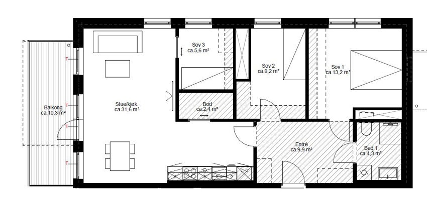Plantegning. I tillegg disponerer leiligheten en garasjeplass i felles garasjeanlegg i kjelleren og en kjellerbod på ca. 5m². Heis i bygget. Galleribilde