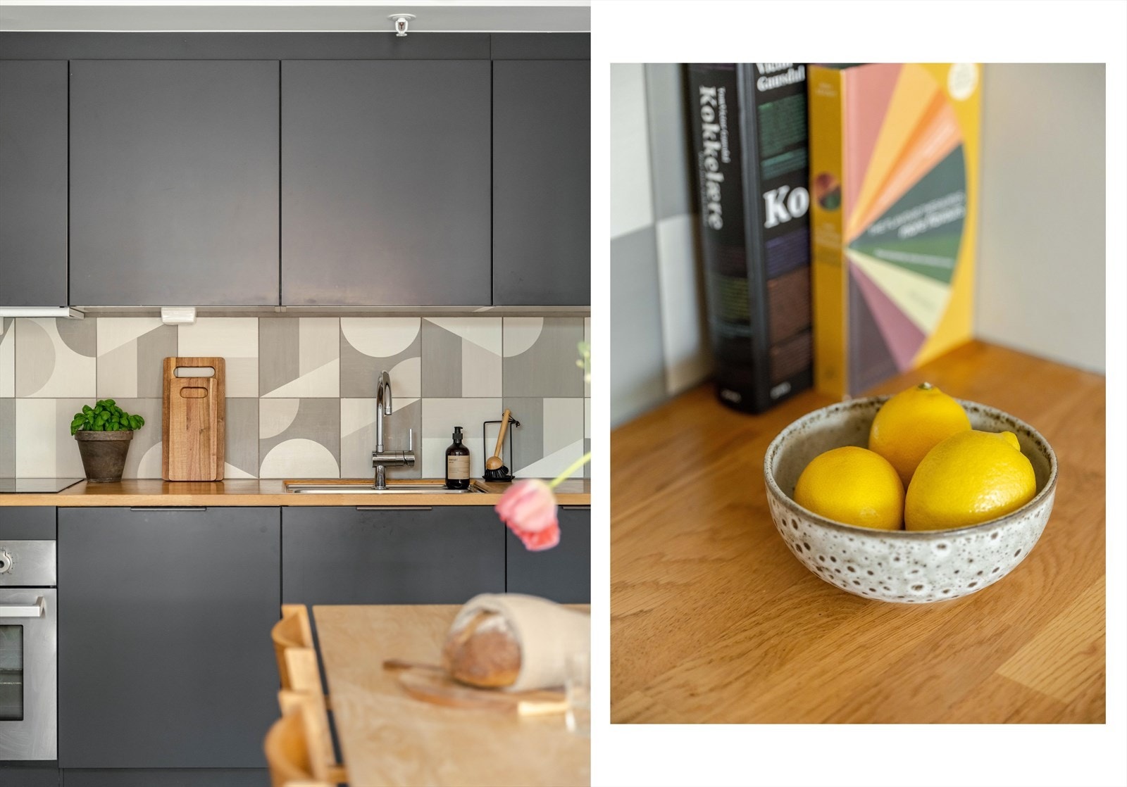 Innredningen er levert av HTH og består av glatte, slette fronter og benkeplate i heltre eik. Backsplash-flisene er levert av italienske MUTINA. Galleribilde