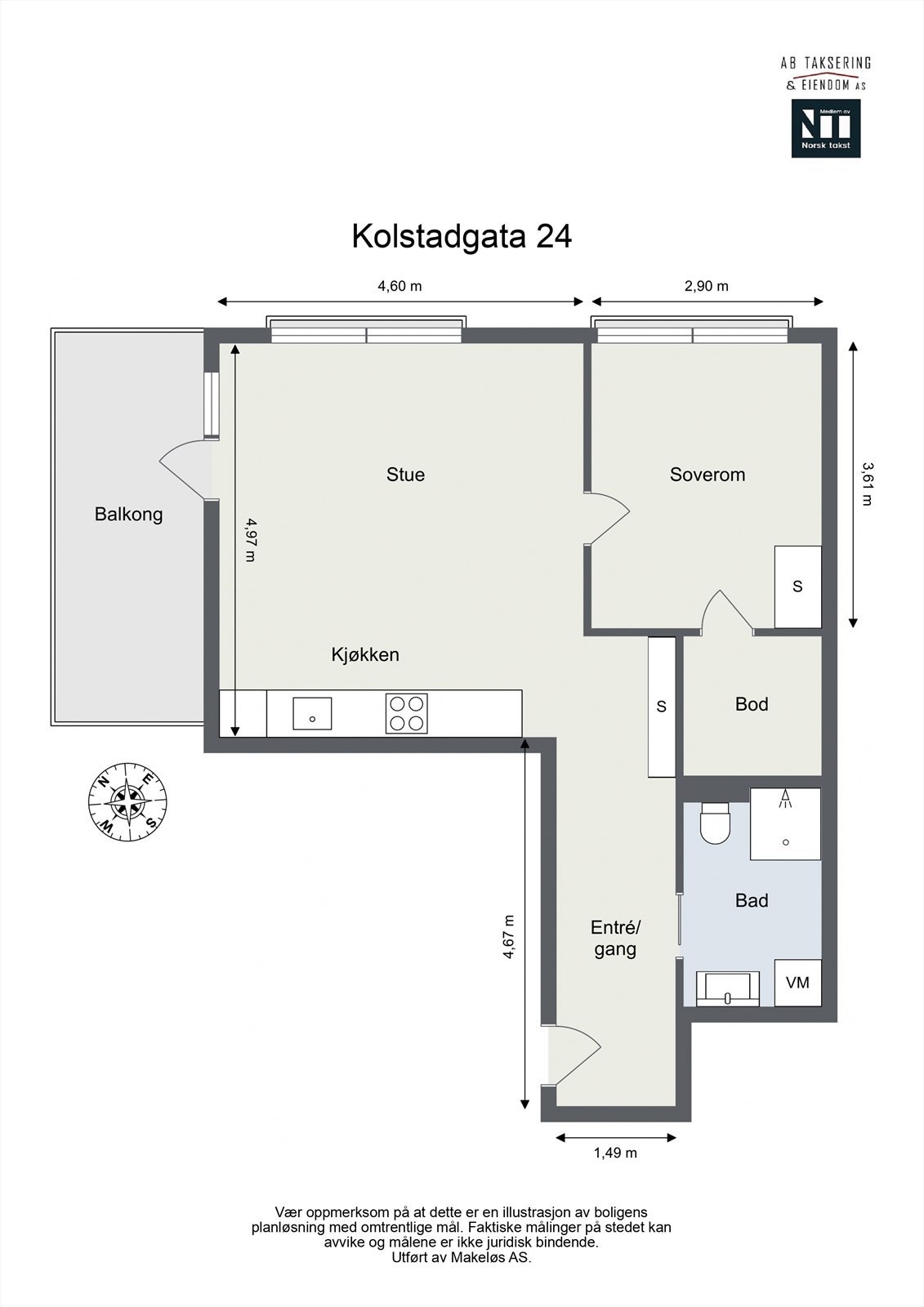 Vi starter med boligens planskisse, slik at du får orientert deg litt. I tillegg til leilighetens innvendige arealer, disponerer boligen én kjellerbod - målt til ca. 5 kvm. Galleribilde