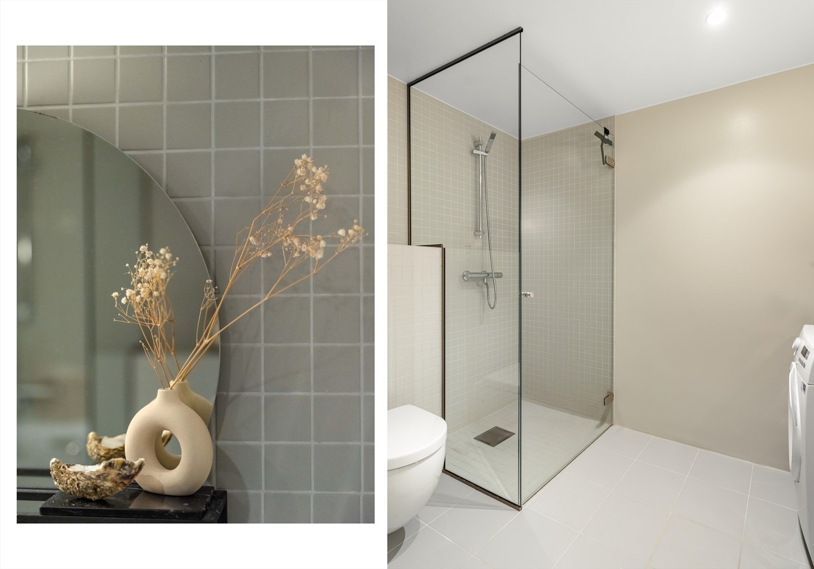 Også badet var nytt da bygget ble oppført i 2019. Badet er innredet med dusjhjørne, vegghengt toalett og servant med innredning. Galleribilde