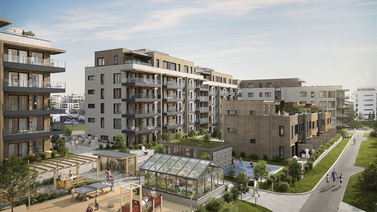 Uteområdet i prosjektet vil ligge i et hyggelig gårdsrom i kjernen er det et solrikt og frodig grøntareal med veksthus og lekeområde til glede for alle beboerne - bilde fra Humlehagens hjemmeside Galleribilde