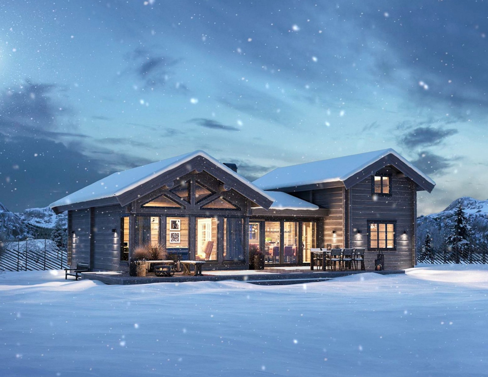 Andor, en eksklusiv laftet hytte i moderne design. Illustrasjonsbilde. Galleribilde