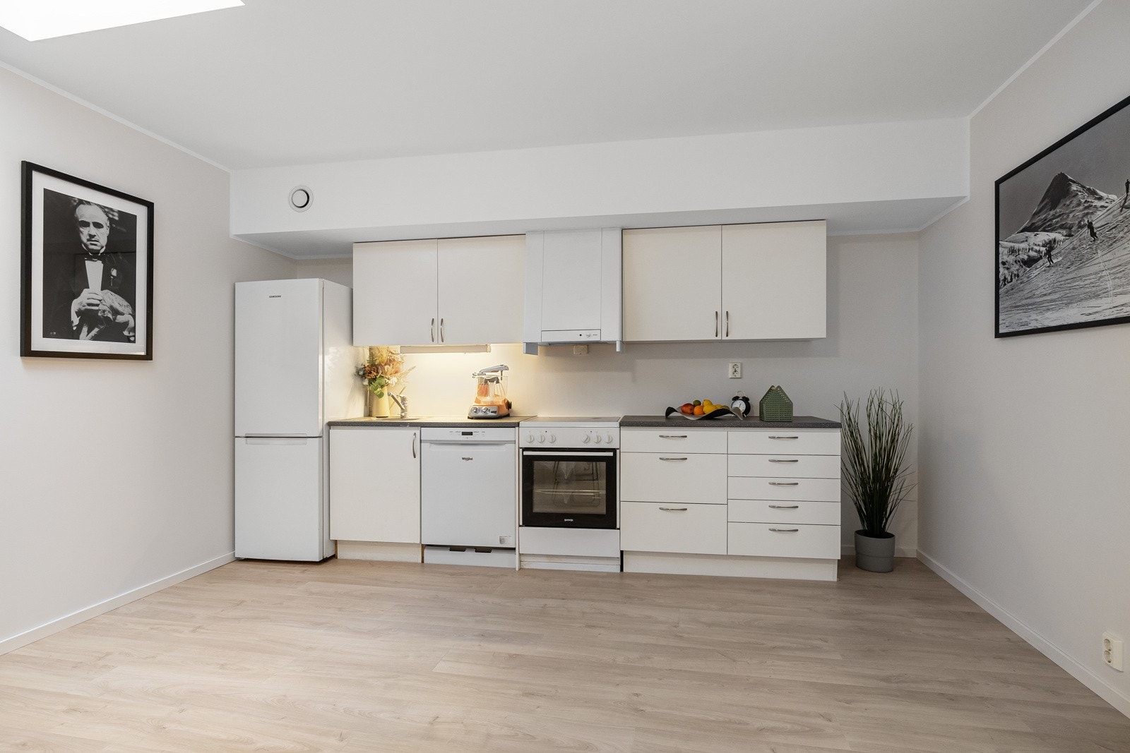 Stilrent kjøkken fra 2016 med glatte fronter og opplegg for oppvaskmaskin. Galleribilde