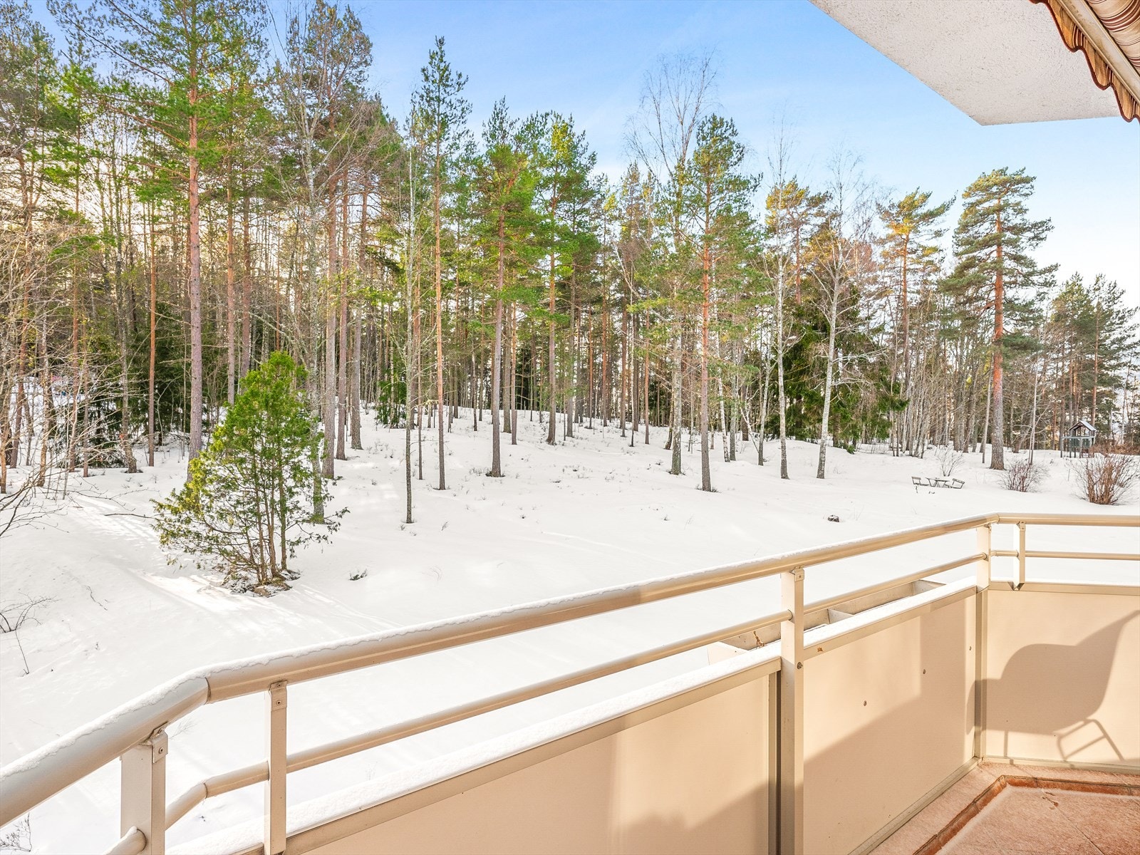 Balkong med utsikt til skogsområde. Galleribilde