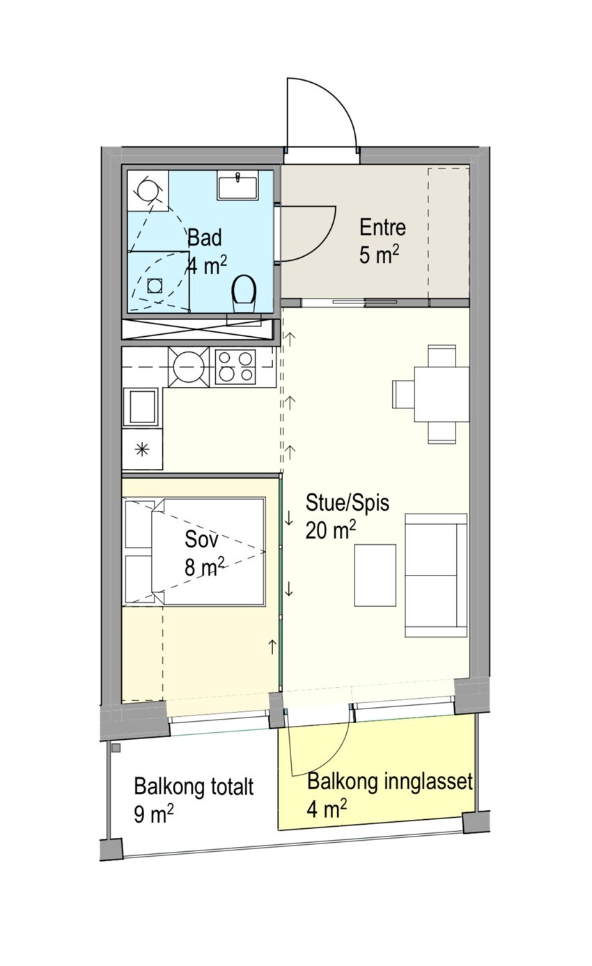Plantegning. I tillegg disponerer leiligheten en kjellerbod på ca. 3m². Heis i bygget. Galleribilde