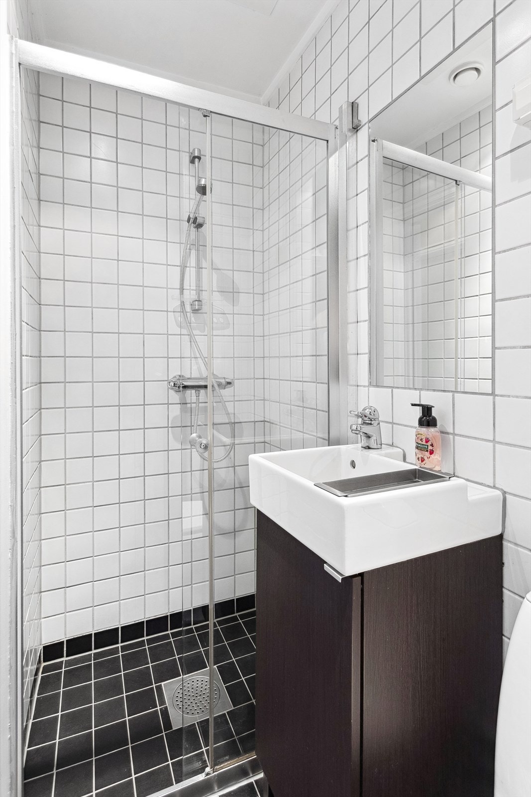 Badet er innredet med en dusjnisje, baderomsinnredning med heldekkende servant, speil, toalett og opplegg for vaskemaskin. Galleribilde