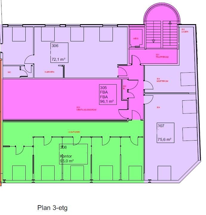 Dette er plan for 3. etg. Storgata 28.
Ledige arealer er "306", "307" og "308". Leies ut samlet. Galleribilde