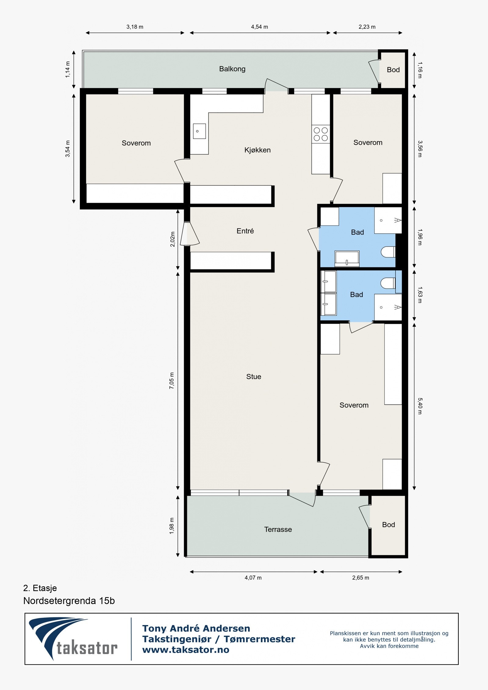 2. etg. Inneholder: Entrè, 3 soverom, 2 bad, og stue og kjøkken. 2 balkonger, 3 boder og garasjeplass med el-lader Galleribilde