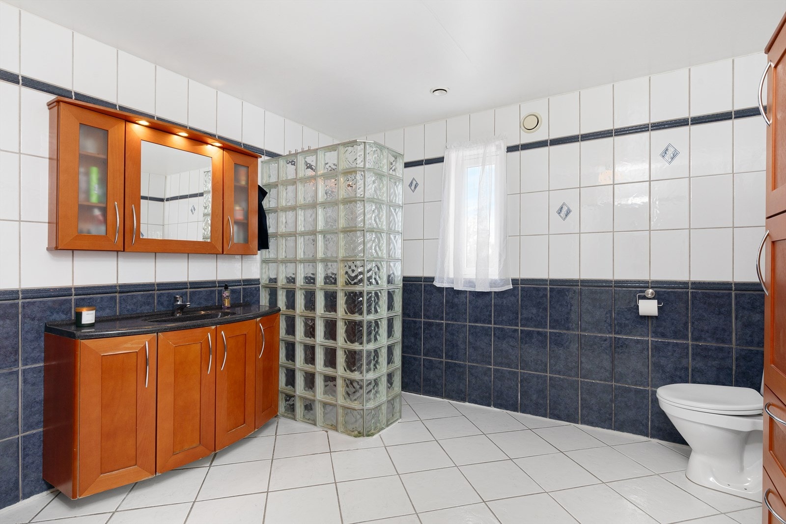 Stort flislagt bad/WC med dusjnisje i glassbyggersten. Galleribilde