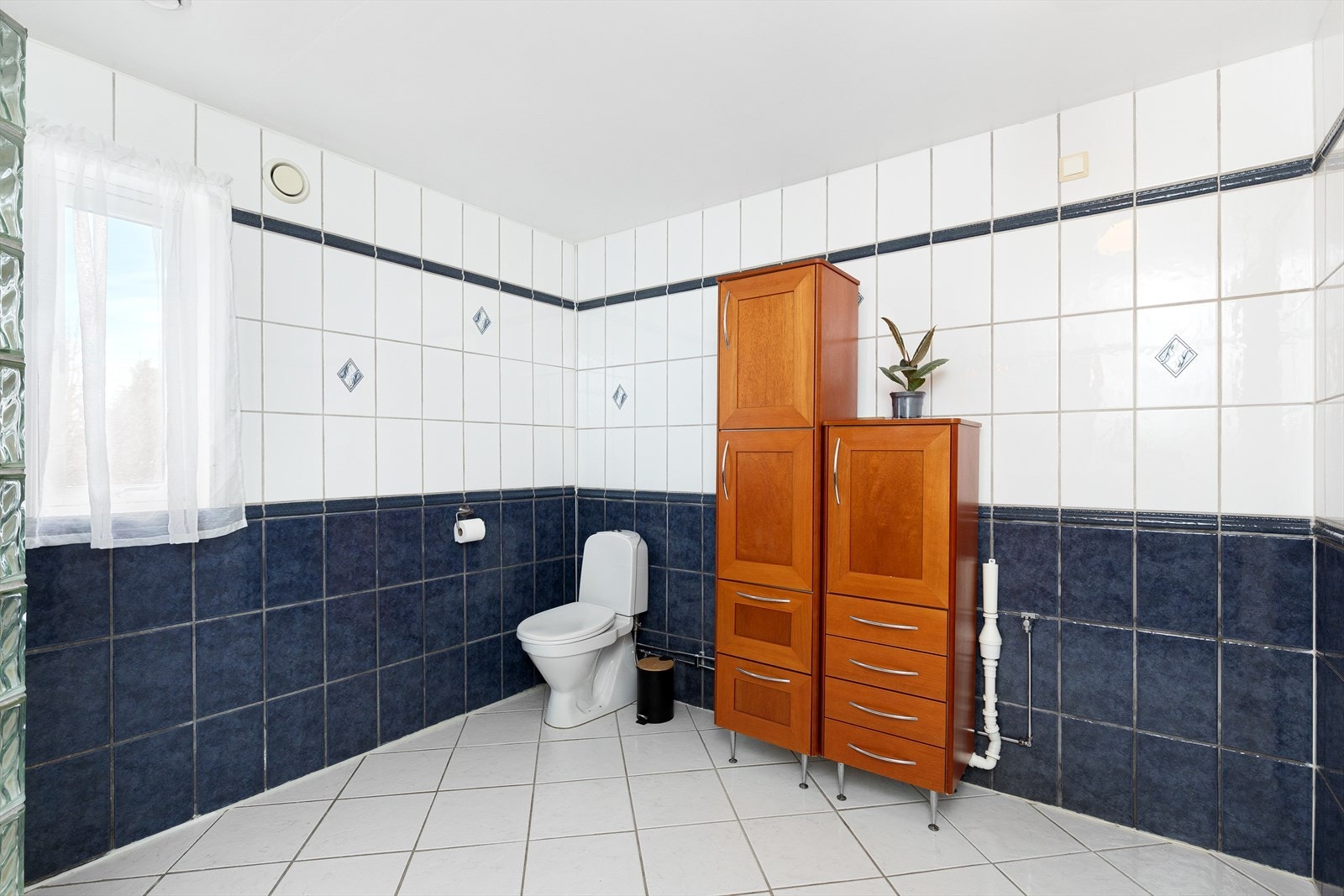 Stort bad med plass til vaskemaskin og tørketrommel og ennå ha plass til tørkestativ Galleribilde