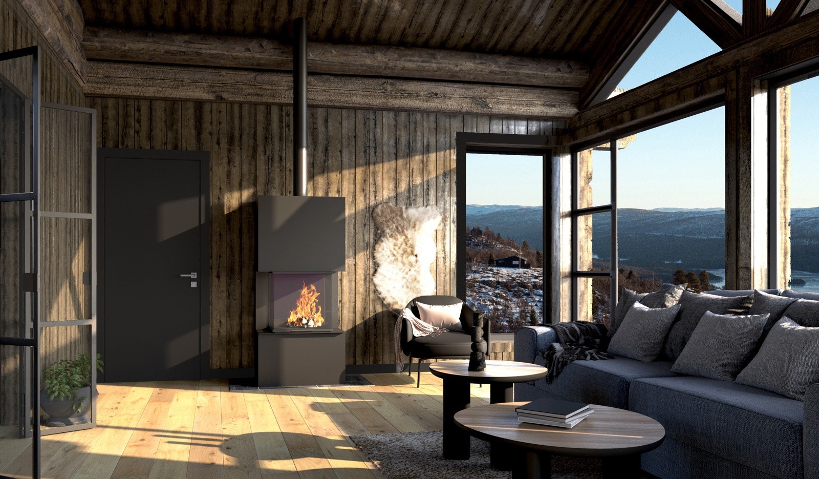 Stue med flott utsikt. Lun og vin vedovn. Bilde er av illustrativ karakter ov avvik vil kunne forekomme Galleribilde