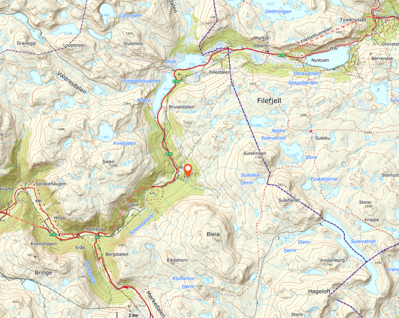 Tomtefeltet ligger på Filefjell (markert), et eldorado for friluftsliv Galleribilde