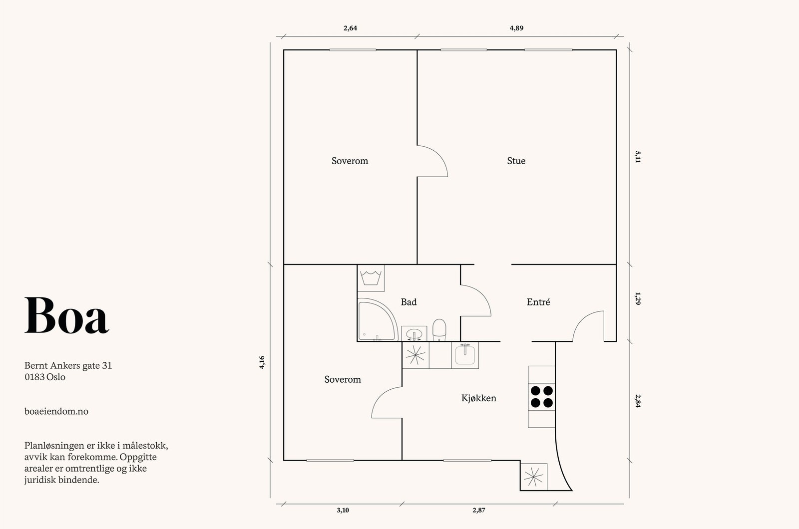 4. etasje: Entré/gang, dusj/wc, kjøkken, stue/spisestue og to soverom. Galleribilde