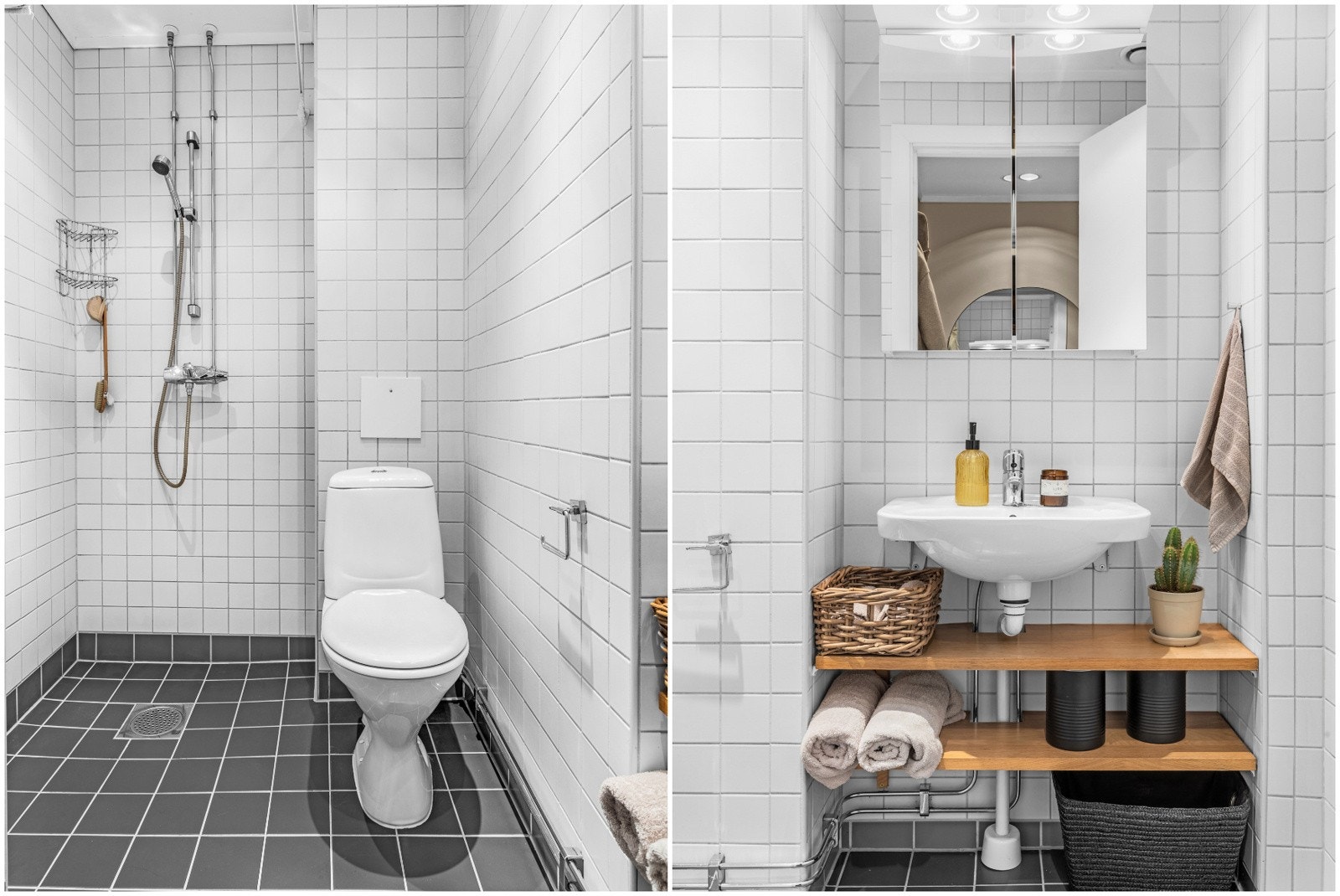 Pent, flislagt bad fra 2006 (brl regi.) nye fliser på gulv i 2017. Badet er innredet med dusjhjørne, toalett, servant og speilsskap. Galleribilde