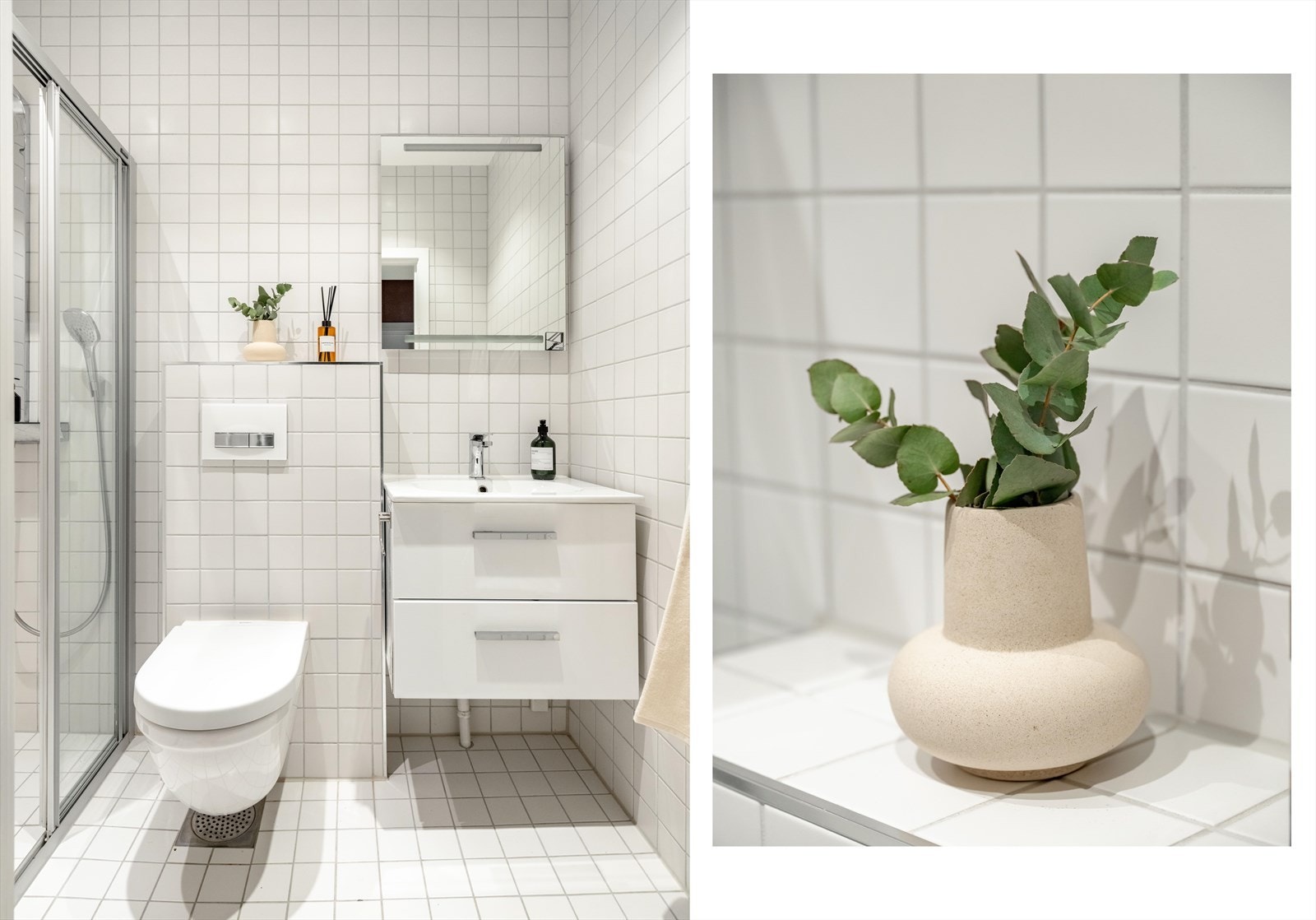 Lyst og tidløst baderom med gulvvarme som sørger for varme føtter når gradestokken kryper nedover. Galleribilde