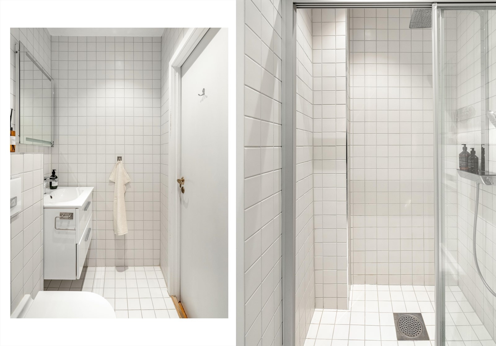 Badet er utstyrt med porselensservant, servantskap, speil, veggklosett og dusjvegg med skyvedører. Galleribilde