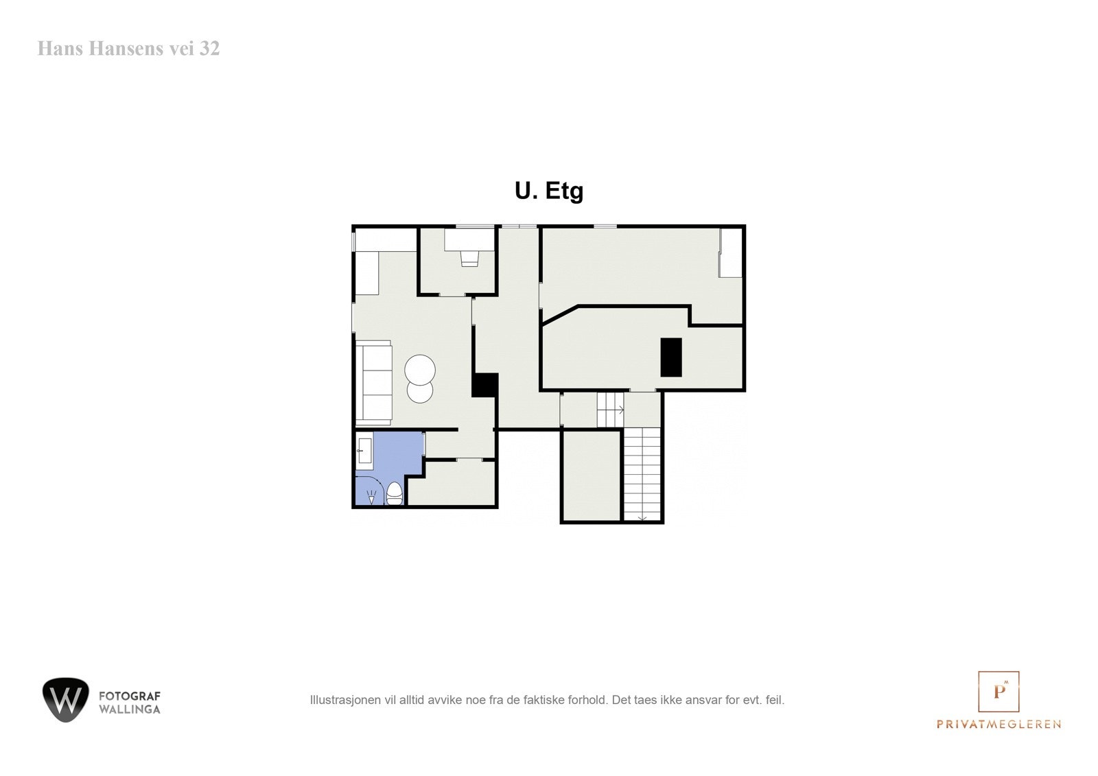Plantegning over kjeller. Kjelleren er ikke godkjent for varig oppholdsrom. Galleribilde