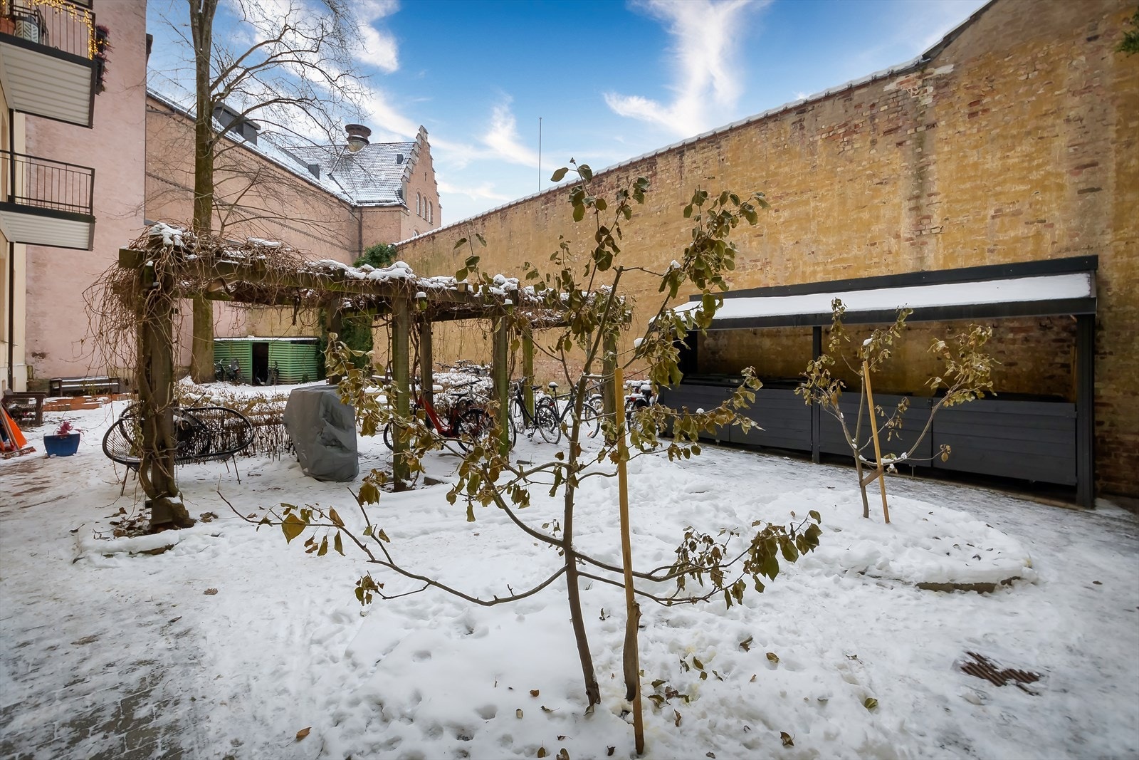 Bakgården er grønn og frodig på sommerstid, med egen pergola og diverse beplantning. Galleribilde