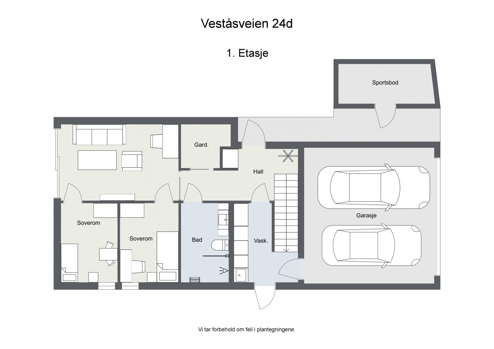 Plantegning for 1.etasje slik den opprinnelig fremstod - bygget 2 stk "box in room" soverom i stua Galleribilde