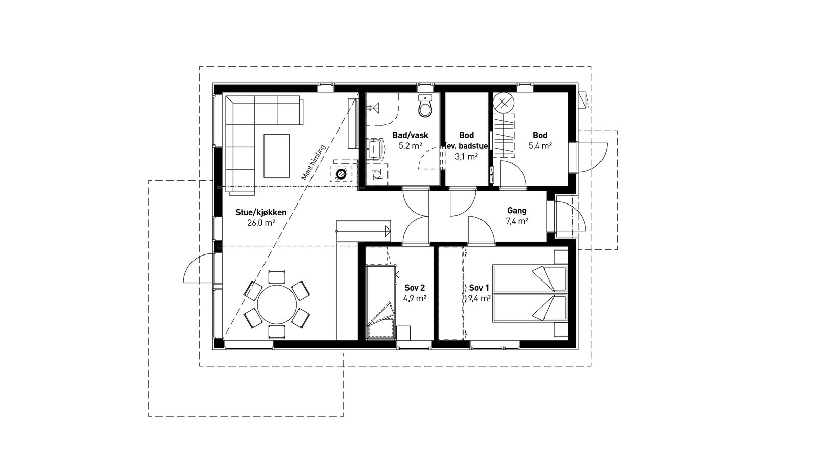 Astron med gang, 2 soverom, bad/vaskerom og åpen løsning stue og kjøkken. I tillegg har Astron både utvendig og innvendig bod. Galleribilde