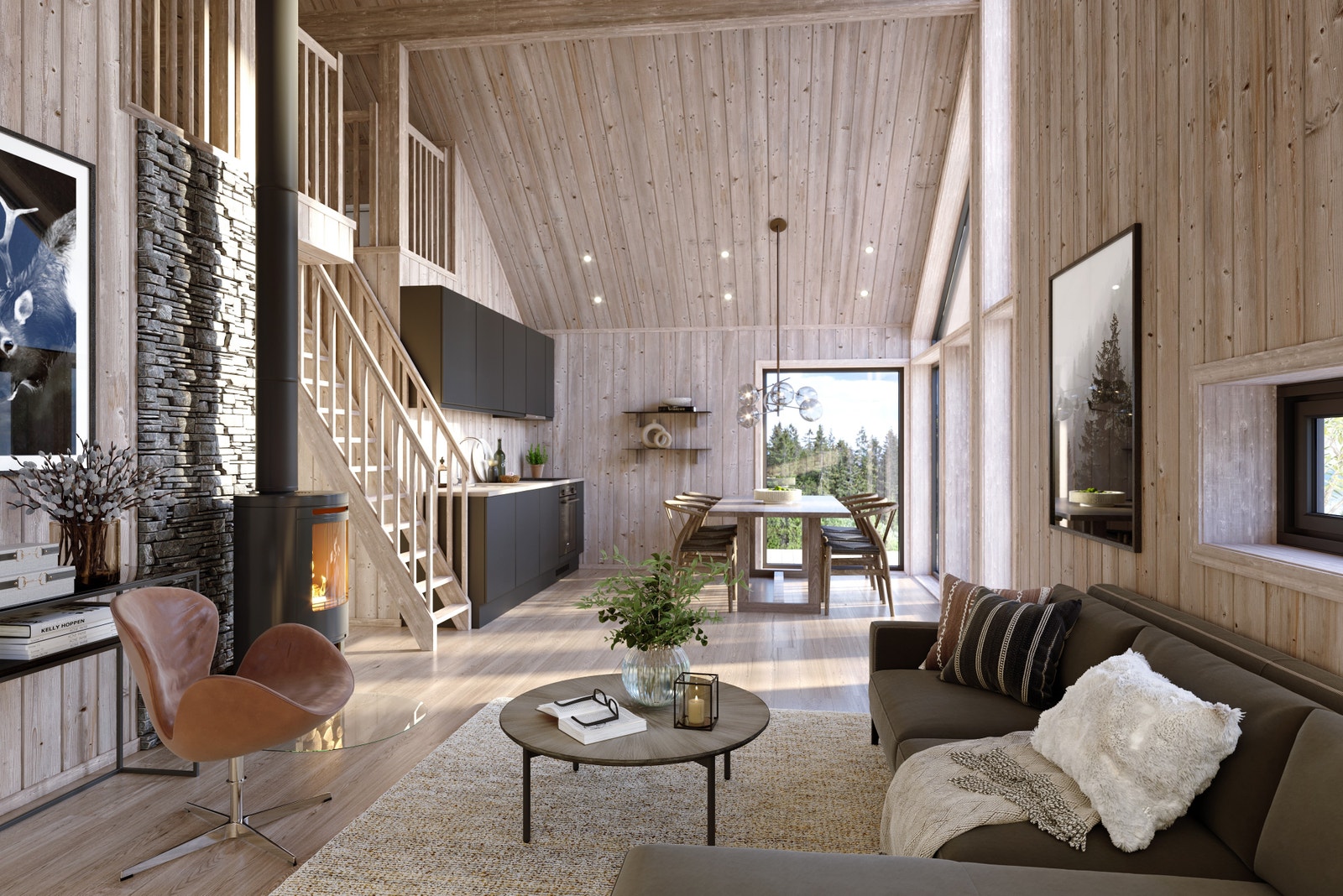 Åpen løsning kjøkken og stue med god plass til stort spisebord. En praktisk hems som kan innredes og benyttes etter behov. Galleribilde