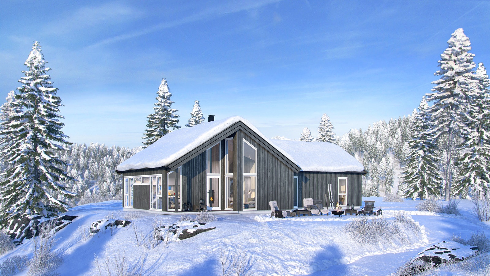 Alternativ hyttemodelle på tomten er Tempus som har et bruksareal på 97kvm og har 8 sengeplasser. Galleribilde