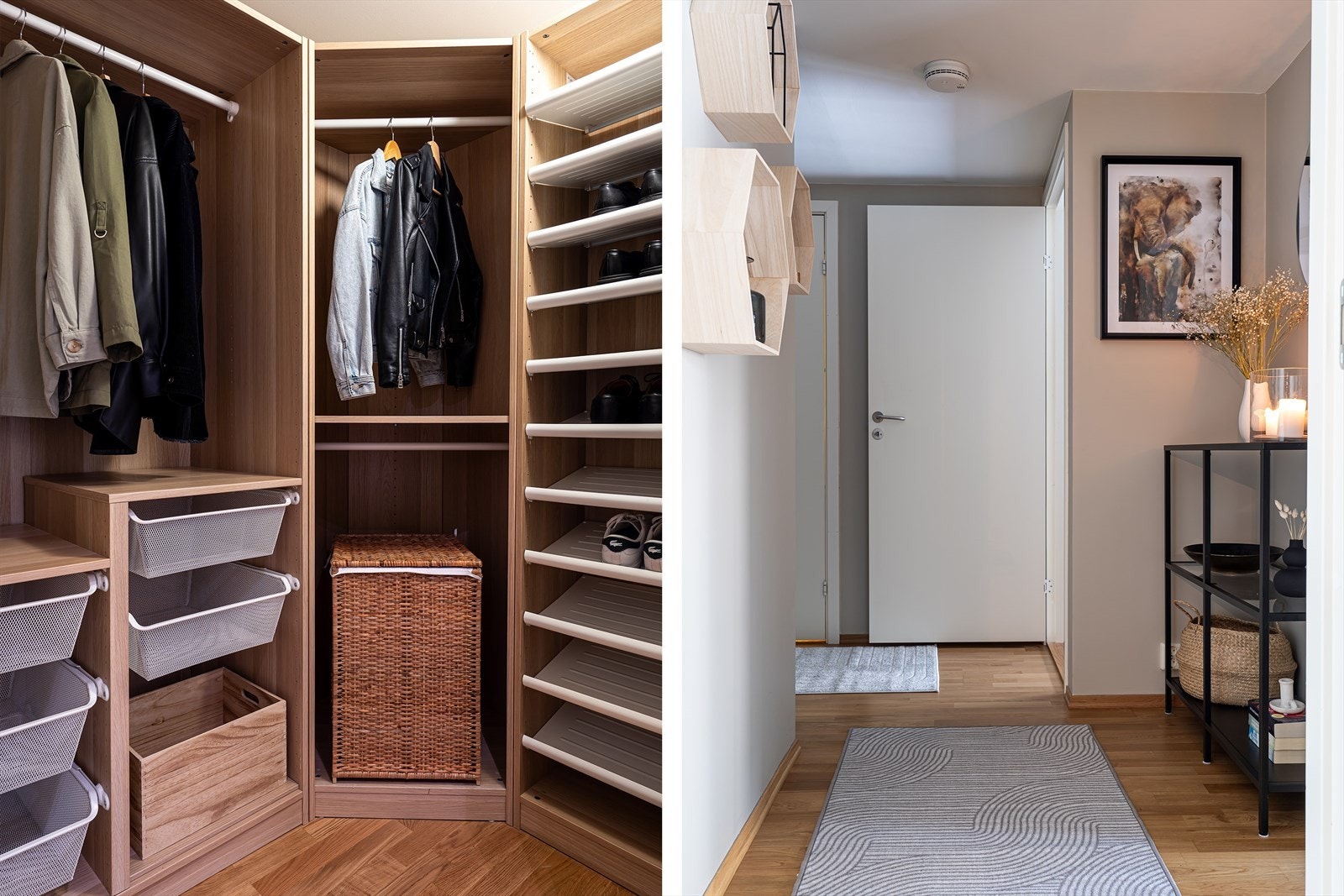 Rett innenfor inngangsdøren finner du en innvendig bod som i dag er innredet som garderobe. Her har du god plass for litt ekstra oppbevaring. Galleribilde