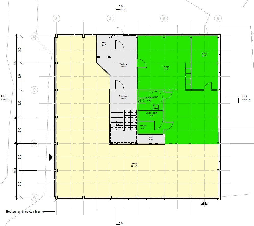 Plantegning butikk gateplan BTA 100 m². Ledig areal markert med grønn farge