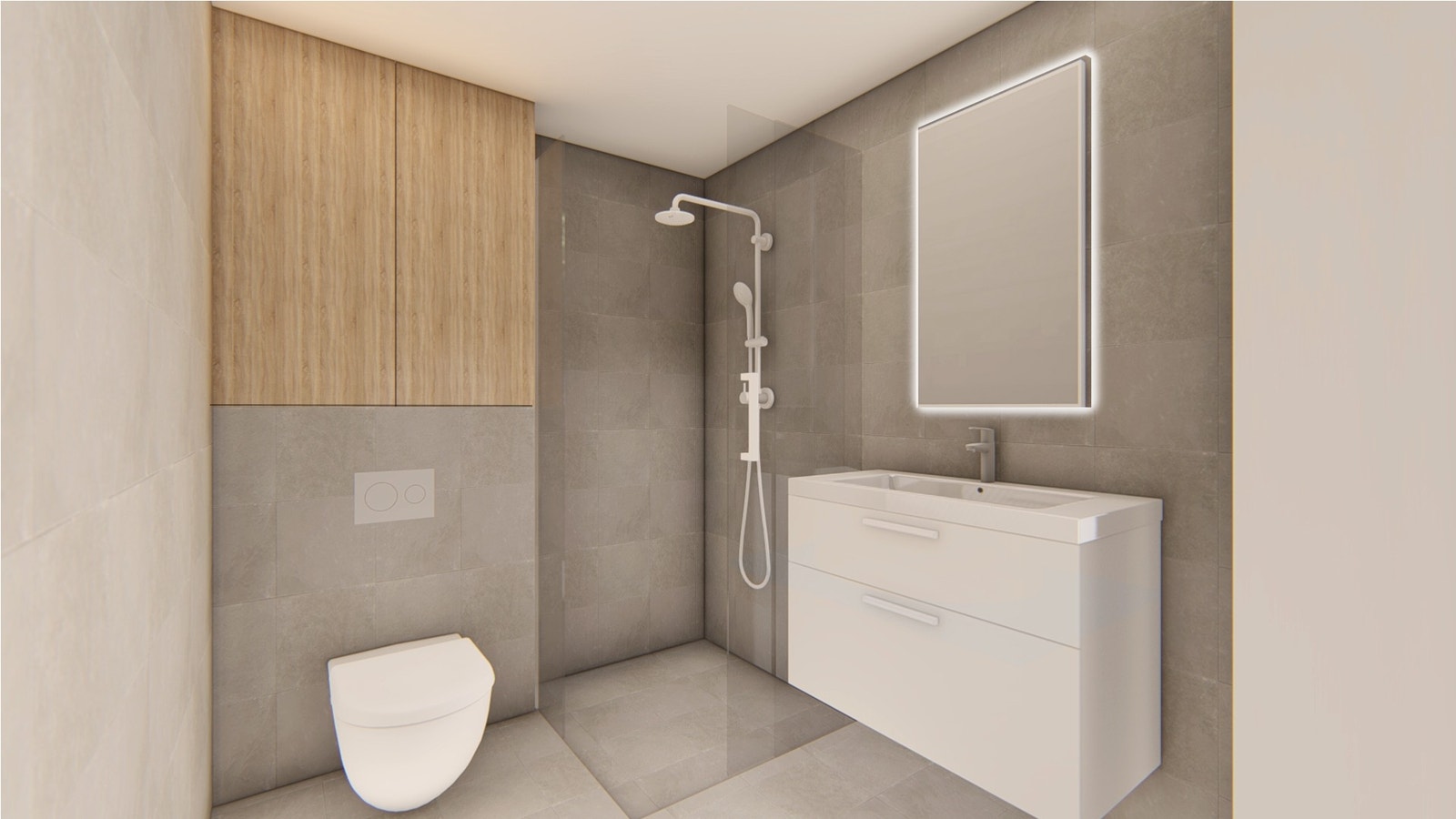 Komplett bad med vegg hengt WC, dusj nisje 90x90 Galleribilde