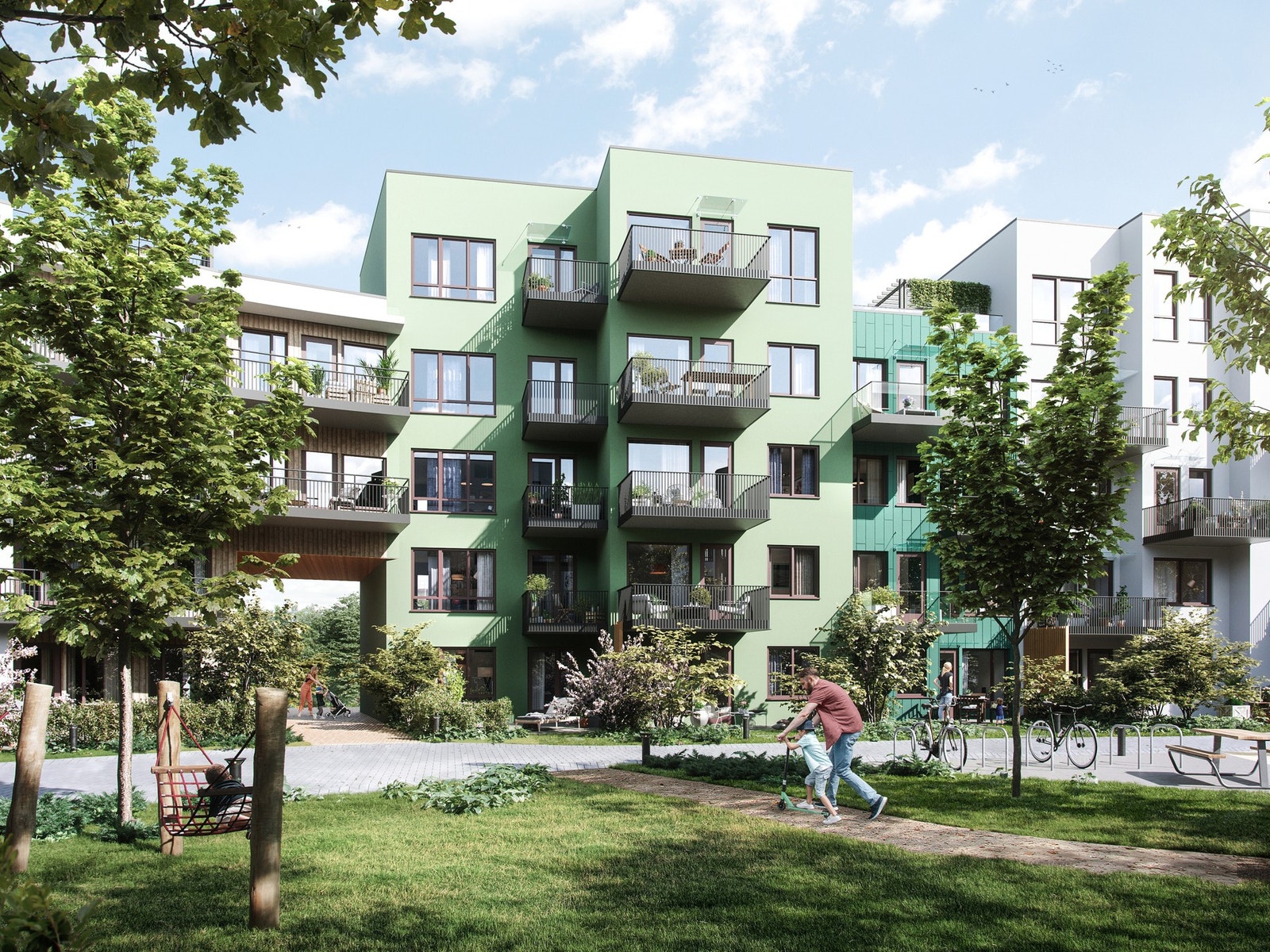 Utearealet i Mathildetunet vil bli et frodig og innbydende sted å oppholde seg. Galleribilde