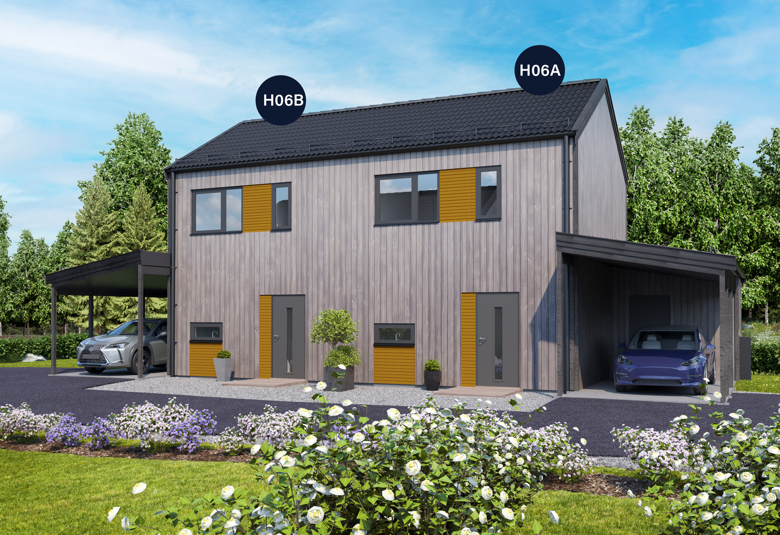 A er enheten til høyre. Illustrasjon av boligen på tomten. Avvik vil forekomme Galleribilde