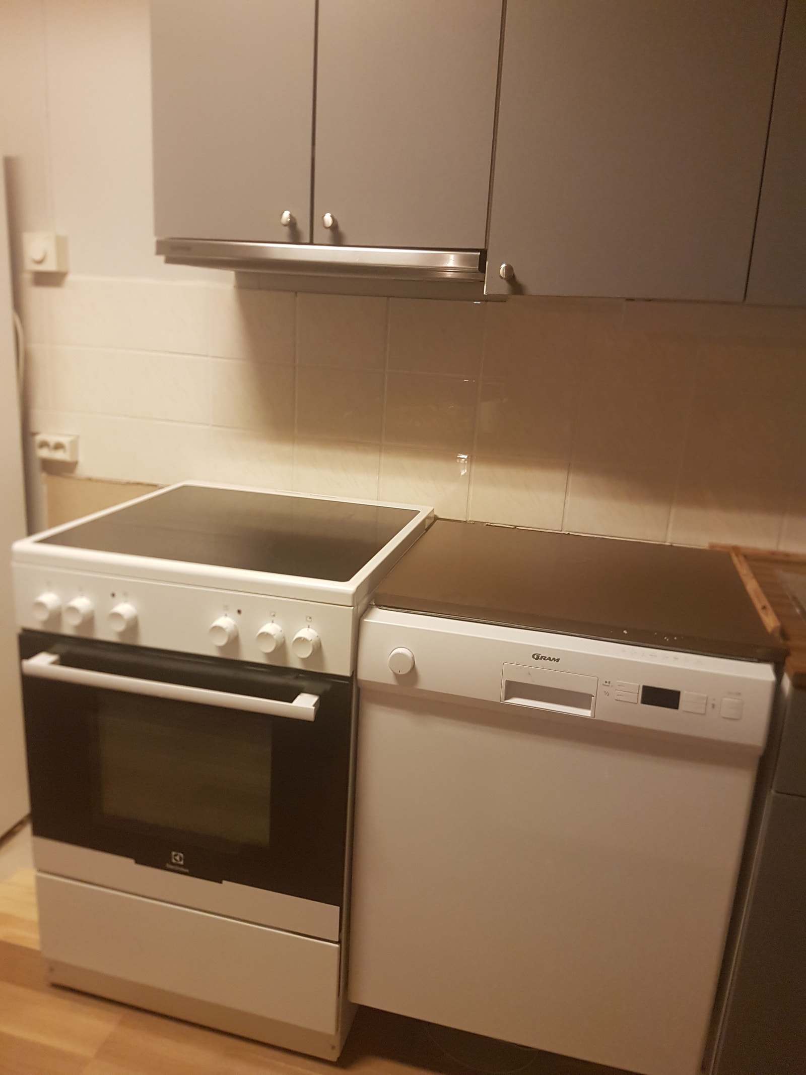 Komfyr og oppvaskmaskin, samt kjøleskap til venstre utenom bildet. Galleribilde