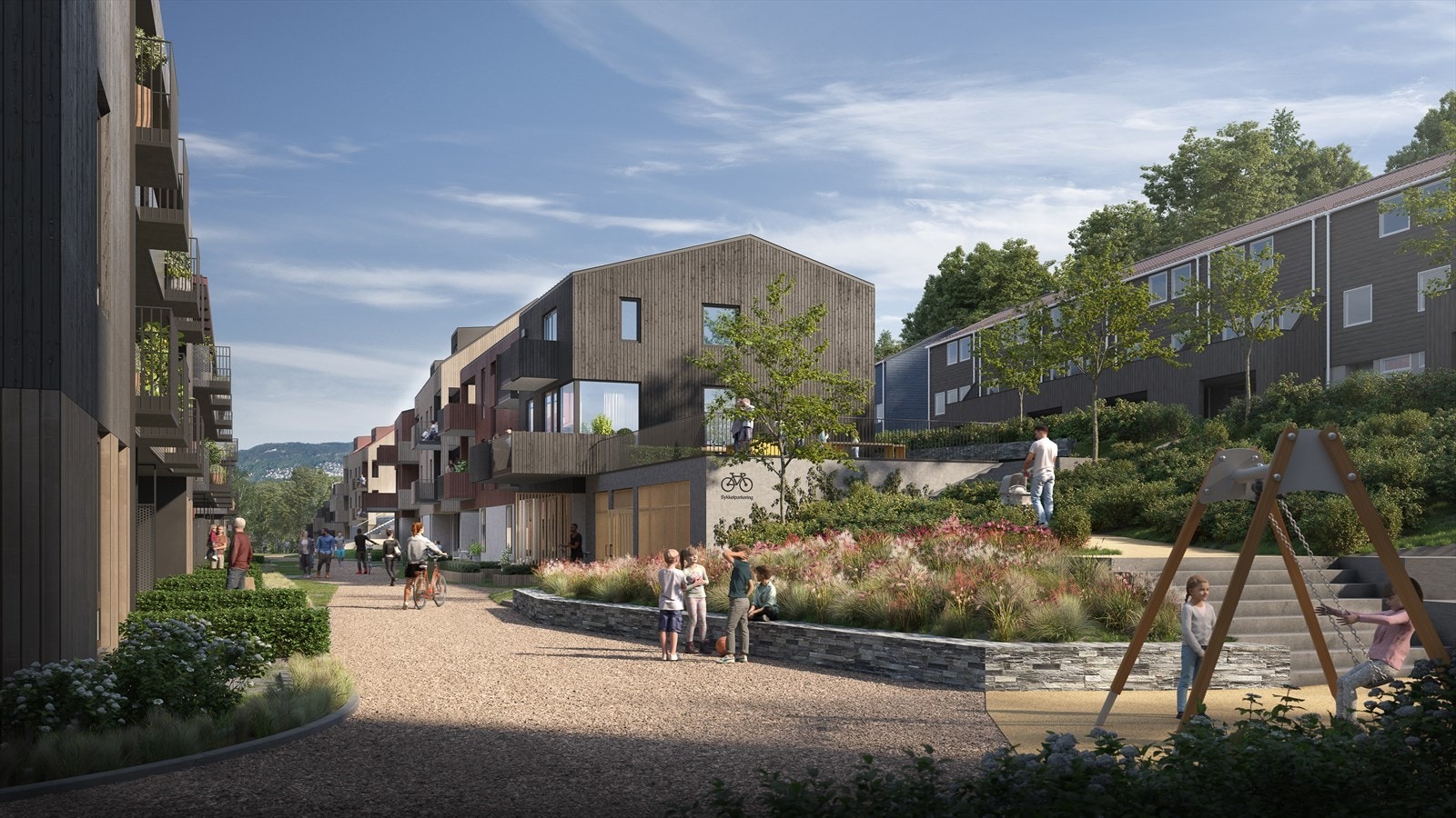 Flotte fellesarealer mellom husene med sosiale møteplasser, gode lekeplasser og felles sykkelparkering under tak. Galleribilde