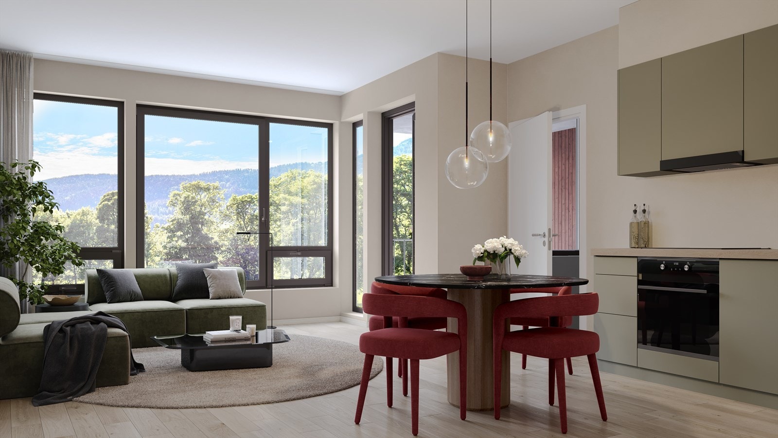 Alle leiligheten i Hus A for innglasset balkong ut mot den åpne og grønne marken, som fungerer som en forlengelse av stuen og kjøkkenet. Galleribilde