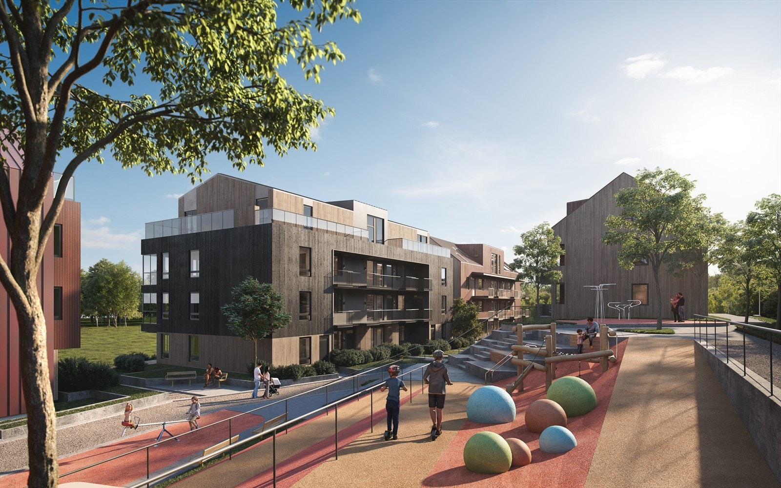 Hus F ligger skjermet i et trygt og trivelig utemiljø, i den nordlige enden av prosjektet. Åpne korridorer og gode vinkler gir godt med lys. Gode lekeplasser og sosiale møteplasser legger grunnlag for et hyggelig nabolag. Galleribilde