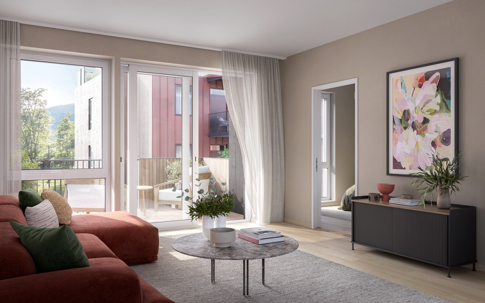 I prosjektet har det vært viktig å ta det åpne og naturlige inn i prosjektet. Det er gjort ved å bruke tre i fasadene og åpne opp mellom byggene for å sikre mye luft, god sikt og fremkommelighet. Galleribilde