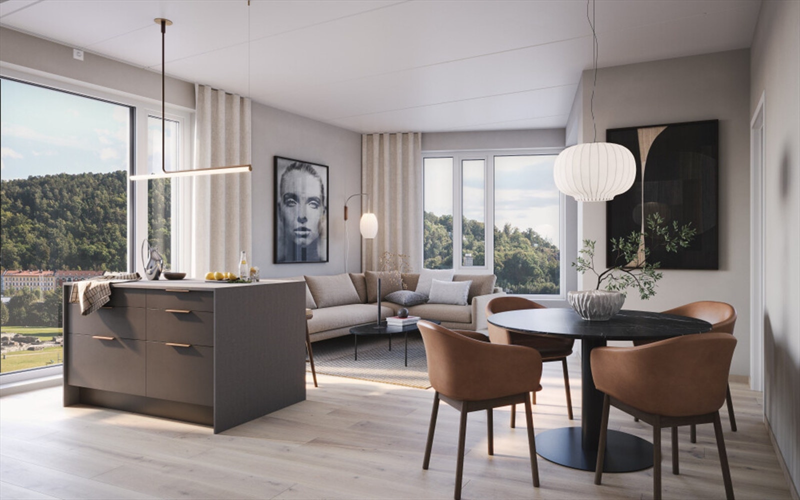 Mange av 4-roms leilighetene er vendt inn mot den frodige byhagen eller sydvendt mot det grønne friområdet Kongsbakken. Illustrasjonsbilde av leilighet F505. Galleribilde