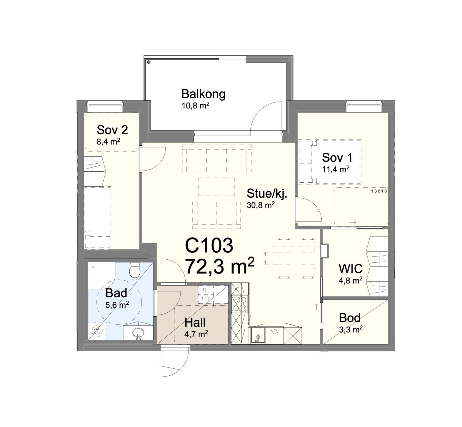 Plantegning leilighet C-103. En praktisk planløsning med store vinduflater mot sjøen og utsikten. I tillegg tilhører parkering og sportsbod. Galleribilde