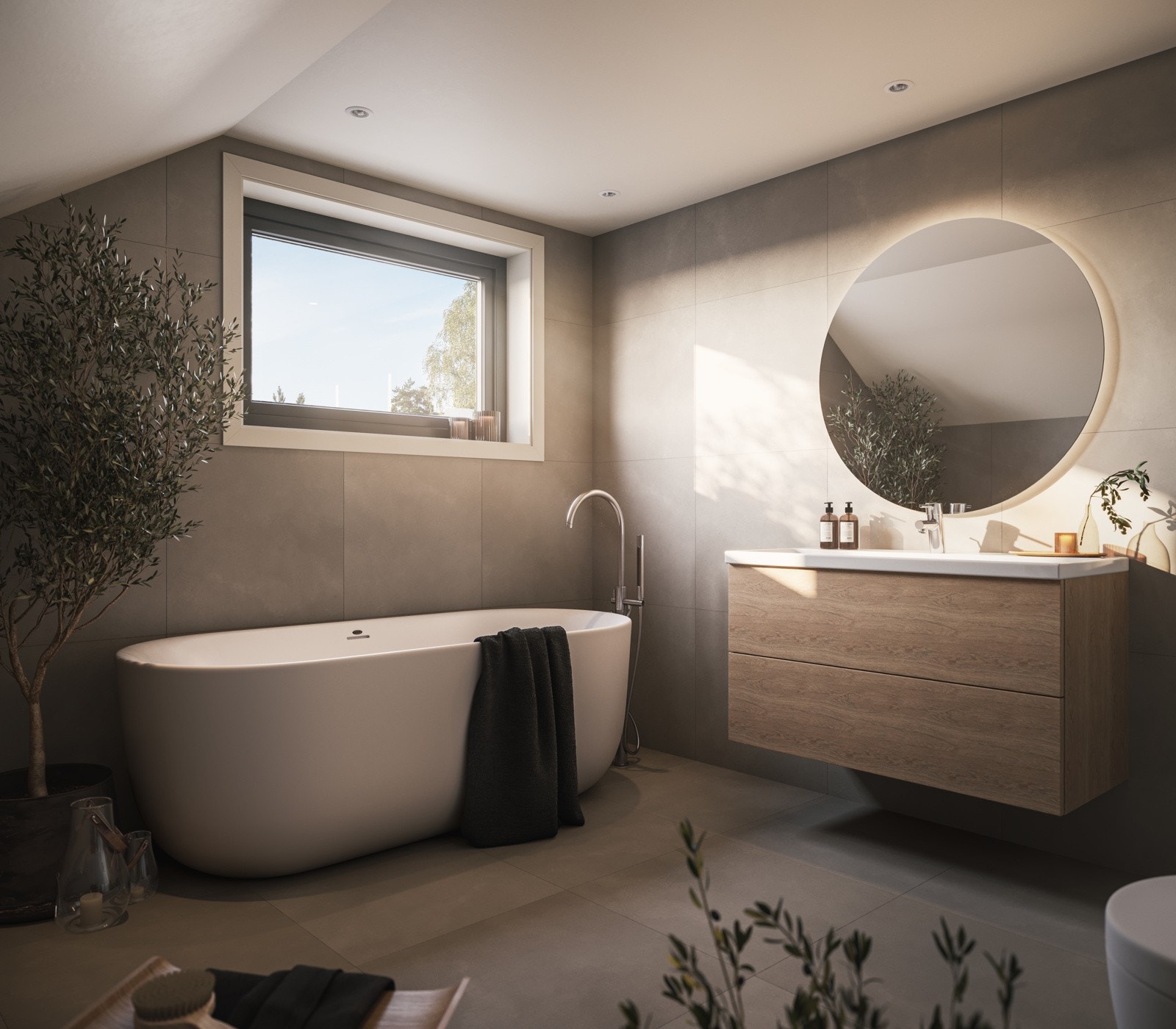 Boligen får to delikate bad med moderne uttrykk. - Illustrasjon. Galleribilde