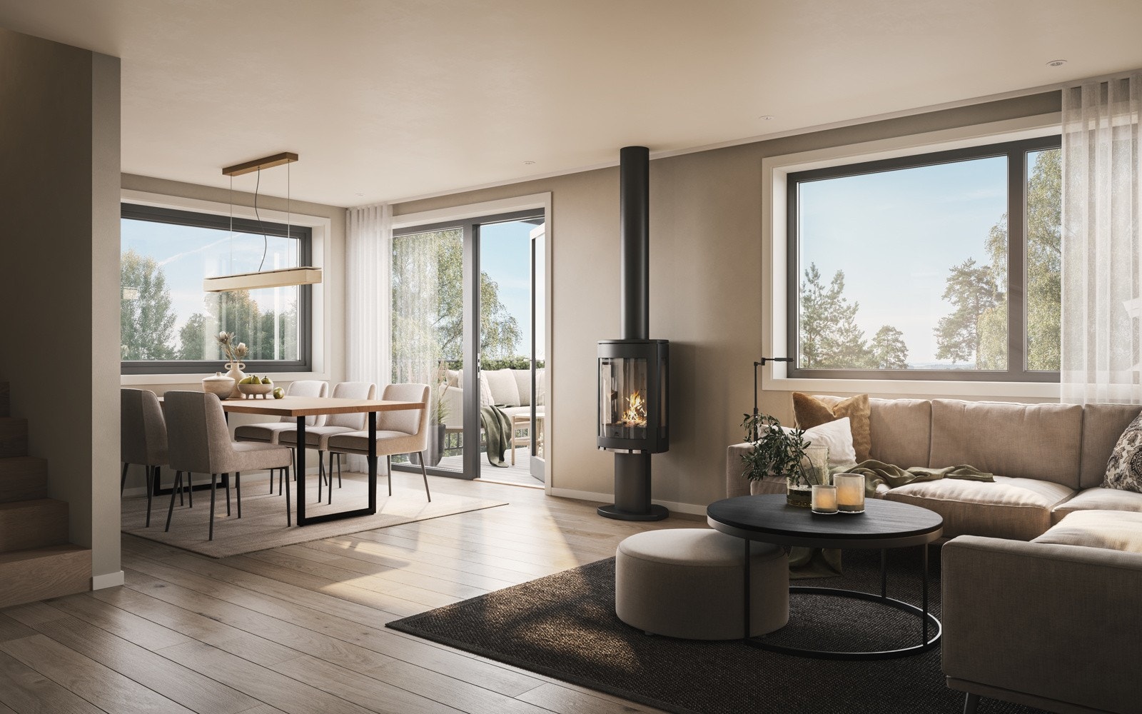 Boligen romslig stue med store vindusflater - illustrasjon. Galleribilde